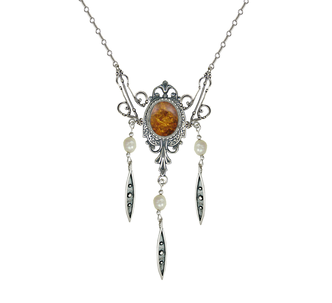 Sterling Silver Victorian Necklace With Amber